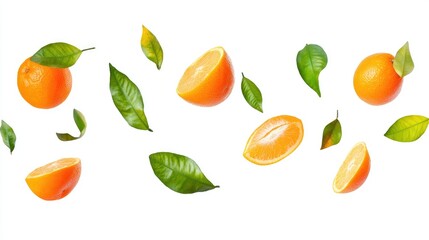 Obraz premium Fresh oranges and leaves arranged in a dynamic, vibrant composition.