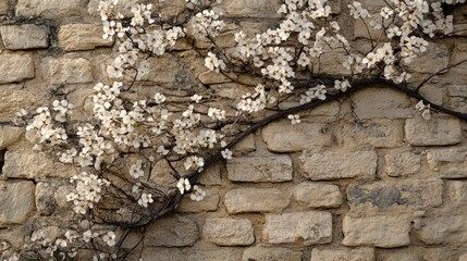Fototapeta premium White Blossoms Climbing A Stone Wall