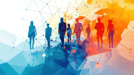 Abstract office teamwork visualization, collaboration dynamics, flow of communication through colorful geometric patterns