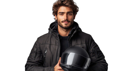 A young man stands proudly with a sleek black motorcycle helmet in hand, dressed in a modern jacket. His confident expression suggests excitement for the ride ahead