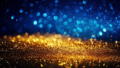 Fototapeta premium Abstract Glitter Lights Background, Blue and Gold Bokeh with Defocused Sparkling Effects on Black, Perfect for Elegant Banners and Design Projects