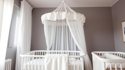 Baby cot with white canopy, plush mattress, and soft linens surrounded by delicate curtains in a bright nursery room, cot, design