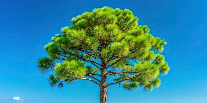 Tall longleaf pine tree with vibrant green needles against a clear blue sky background , longleaf pine, tree, green, needles