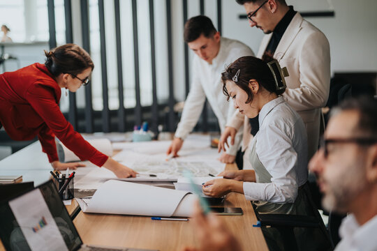 A diverse group of business coworkers engage in a collaborative brainstorming session. They are working on documents and sharing ideas in a dynamic and modern office environment.