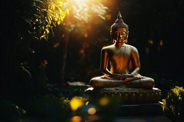 Meditating Buddha Statue on dark background.