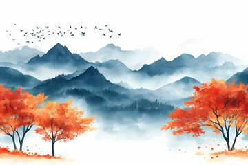 Autumn Mountain Watercolor Illustration