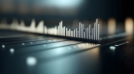 Concept of voice and sound articulation illustration. A close-up of a digital soundwave display on a sleek surface, showcasing peaks and troughs of audio frequencies in a modern aesthetic.