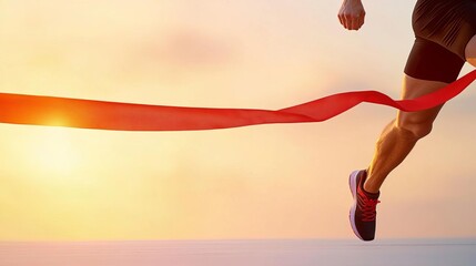 milestones achievement completion concept. Runner crossing a finish line at sunset, milestone completion, personal growth and perseverance