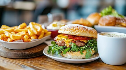 Casual cafe setting with a tempting spread of delectable light meals including a juicy burger crispy golden fries and inviting bakery treats creating a cozy and satisfying dining experience