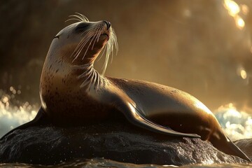 Sea lion basking on a rock by the ocean during golden hour in a coastal habitat. Generative AI