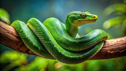 Fototapeta premium Green snake gracefully slithering on a tree branch , serpent, reptile, wildlife, nature, tropical, camouflage, exotic