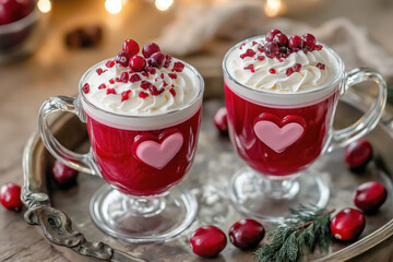 two heart themed mugs filled with festive red berry drinks topped with whipped cream, perfect for romantic winter celebrations and valentine