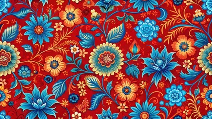 Bright seamless background with rich red and bright blue floral patterns, floral, seamless, background, red, blue, bright