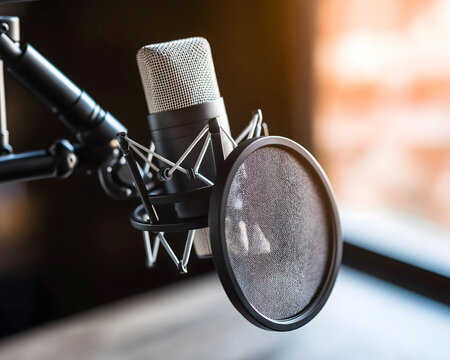 Concept of voice and sound articulation illustration. A close-up of a microphone on a stand, showcasing its mesh grille and sleek design, set against a softly blurred background.