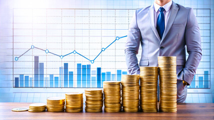 focused businessman analyzing financial growth on a 3D chart, symbolizing success and profit