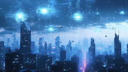 Futuristic Cityscape with Hovering Discs