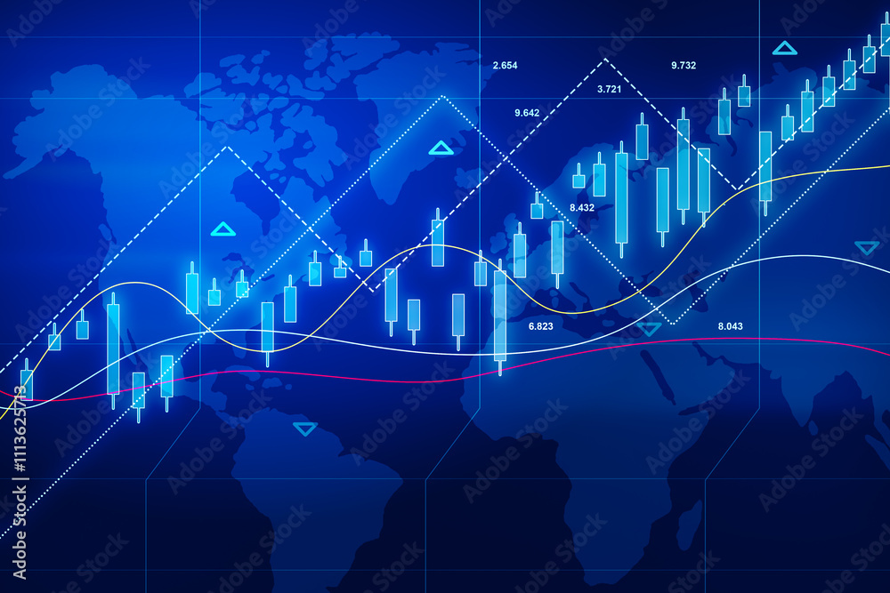 Poster worldwide economy growth concept with blue glowing digital rising candlestick and diagram on dark te