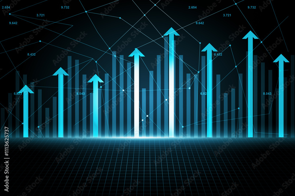 Aufkleber Big data and business growth concept with bright glowing digital arrows on abstract dark technological background with financial chart graphs. 3D rendering