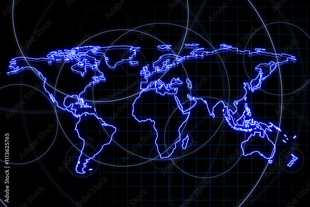 Poster Innovation and technology concept with bright digital world map contour on dark background with circles and square print. 3D rendering