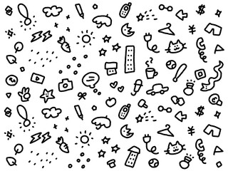 手描きの落書きを詰め合わせたような可愛いモノクロ背景　doodle pattern 