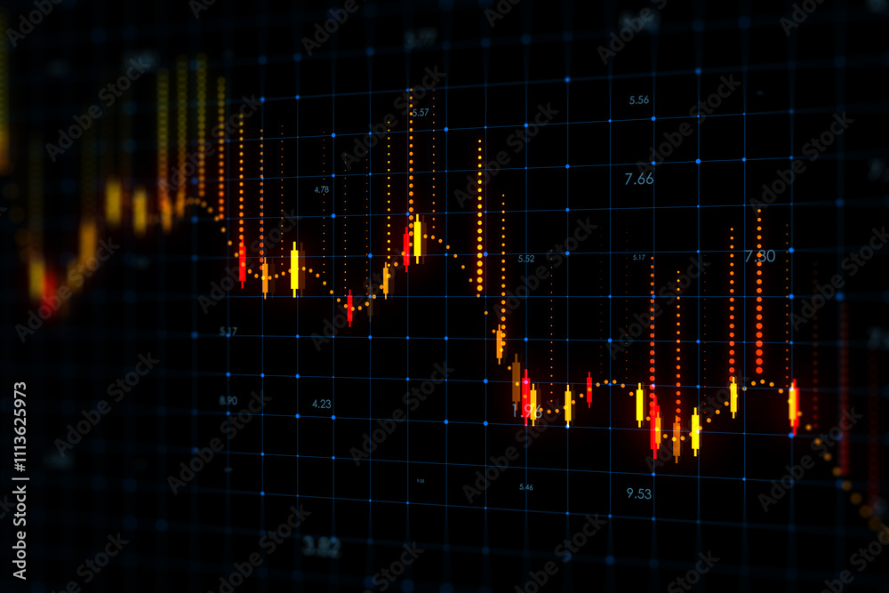 Poster economic crisis and fall down stock market concept with digital downward yellow and red financial gr