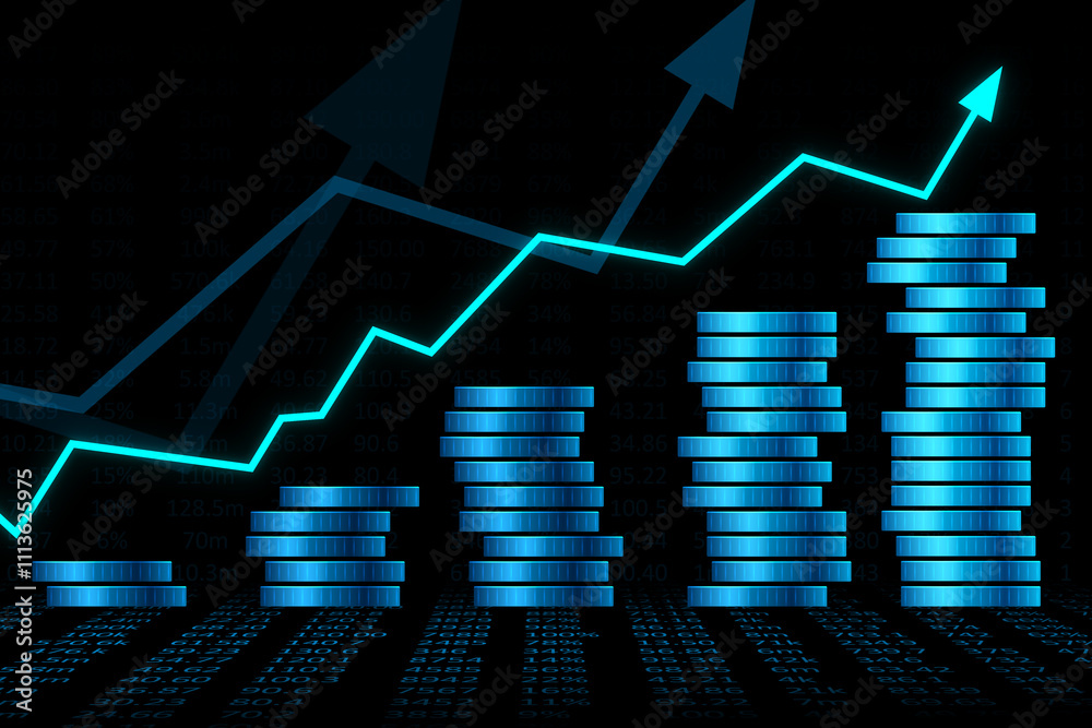 Poster economy growth and investing concept with digital coins stacks and on financial stats surface and gl