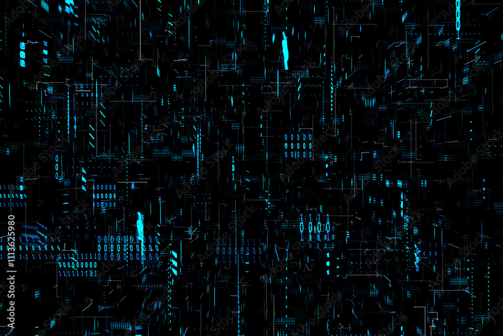 Fototapete Abstract dark technological background with big data visualization and binary code. 3D rendering