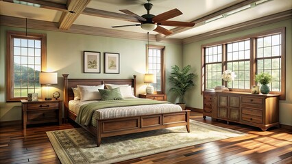 Naklejka premium Vintage bedroom with wooden furniture and a ceiling fan , vintage, decoration, comfortable, bedroom, wooden, furniture