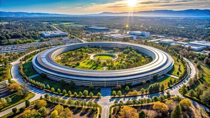 Aerial view of futuristic Apple Park campus on a sunny day, Apple Park, Cupertino, architecture, design