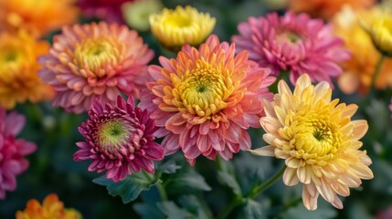 Close-up of vibrant multicolored chrysanthemum flowers in full bloom.