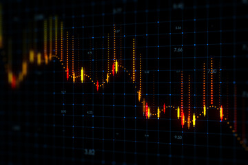 Economic crisis and fall down stock market concept with digital downward yellow and red financial graph on dark background with dots. 3D rendering © Who is Danny