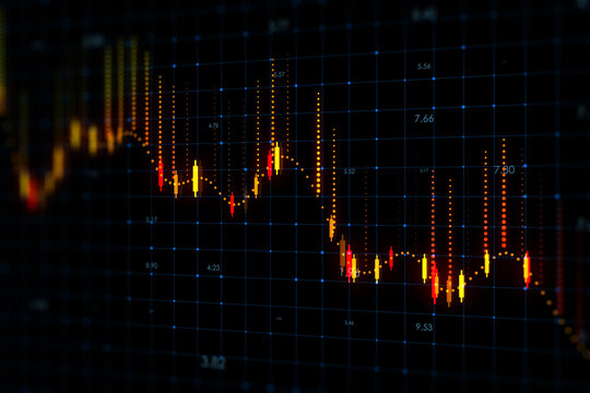 Economic crisis and fall down stock market concept with digital downward yellow and red financial graph on dark background with dots. 3D rendering