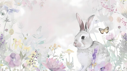 Whimsical rabbit surrounded by delicate flowers and a butterfly on a soft pastel background with copy space