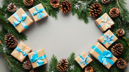 Festive holiday frame with Christmas gifts wrapped in blue ribbons, pine cones, and fir branches. Perfect for seasonal greetings and invitations.