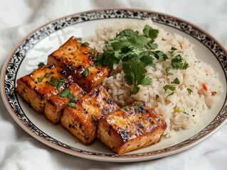 Captivating Overhead View of Retro Plate Featuring Ginger Glazed Tofu Stylish Dining Environment Culinary Delight