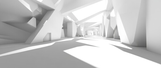 Obraz premium A spacious, illuminated corridor with a contemporary white background and a futuristic sci-fi triangle tunnel, visualized in 3D rendering.