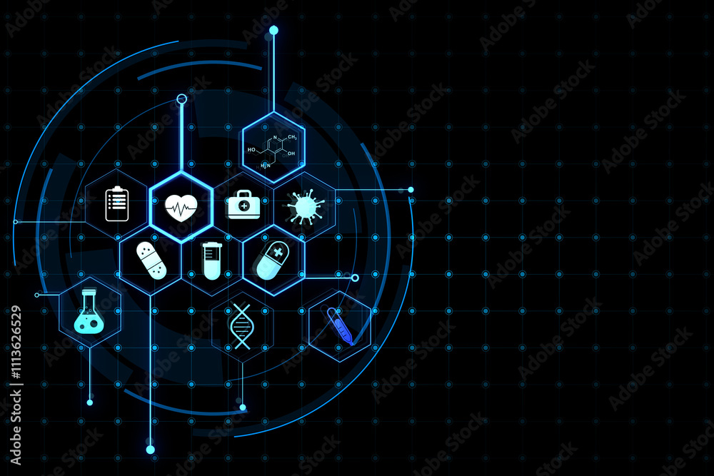 Poster checkup, innovation and medical concept with healthcare icons in hexagon cells on dark blank backgro