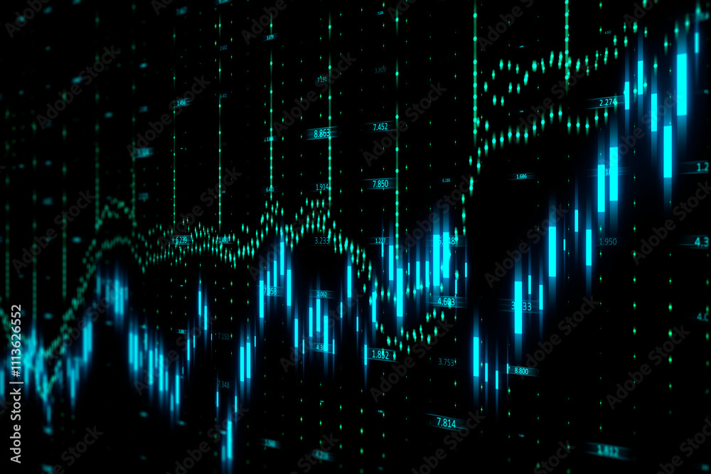 Poster Financial and strategic busines analysis concept with digital stats data indicators and stock market growing candlestick on dark technological background. 3D rendering