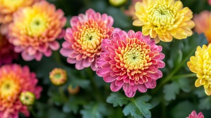 Close-up of vibrant pink and yellow chrysanthemum flowers in full bloom.