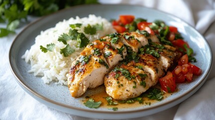 Overhead View of Retro Plate Featuring Chicken Piccata and Rice Home Kitchen Food Photography Indoor Setting Culinary Art