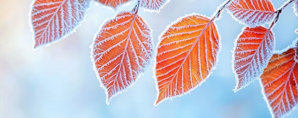 Obraz premium Frost-covered orange leaves against a soft blue background, showcasing the beauty of winter's touch on nature.