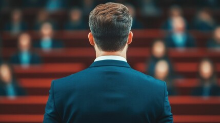 Fototapeta premium Professional Motivational Speaker in Suit and Tie Leads a Virtual Leadership Coaching Webinar for an Audience on a Digital Platform with Projected Screen and Microphone