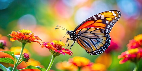 Fototapeta premium Butterfly perched delicately on a vibrant flower, butterfly, flower, vibrant, colorful, nature, beauty, wings