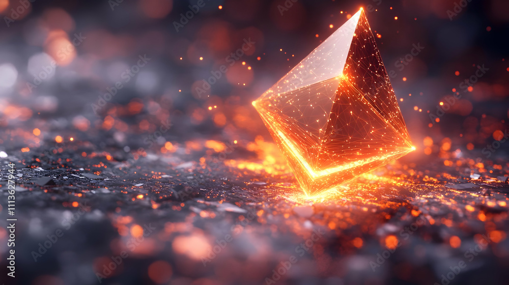 Aufkleber A glowing pyramid-shaped crystal surrounded by sparkling particles on a textured surface.
