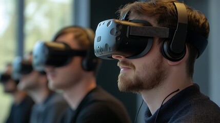 Men Wearing Virtual Reality Headsets in a Group