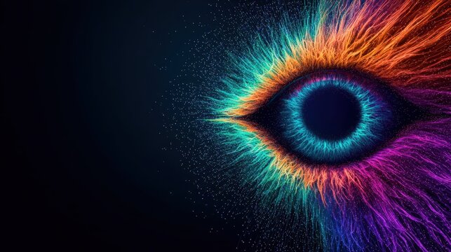 Human and futuristic learning concept. A vibrant, abstract representation of an eye, radiating colorful particles and energy.