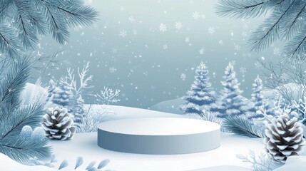 Snowy winter landscape with podium and pine cones symbolizing seasonal holiday elegance and winter product display