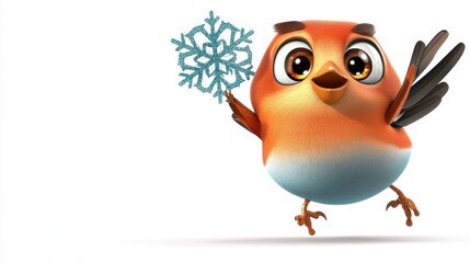 Obraz premium Adorable Winter Bird Holding Snowflake Cartoon Animal Character in Snowy Scene