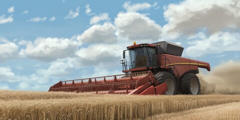 Obraz premium Detailed Harvesting Scene with a Red Combine Harvester Working in a Golden Wheat Field Under a Bright Blue Sky with Fluffy White Clouds