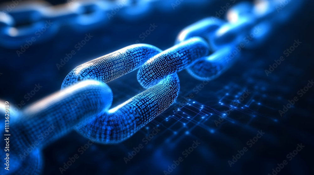 Poster A digital representation of a chain link, symbolizing connectivity and blockchain technology.